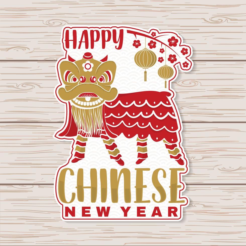 diseño de pegatinas de feliz año nuevo chino. vector. parche de año nuevo chino o tarjeta de felicitación. cartel chino con león de china y linternas. banner para plantilla de sitio web vector