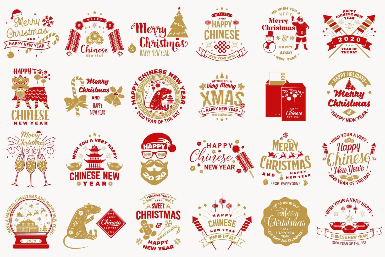 Set of Merry Christmas and happy Chinese New Year design in retro style. Vector. Vintage typography design for chinese new year and xmas emblem. vector