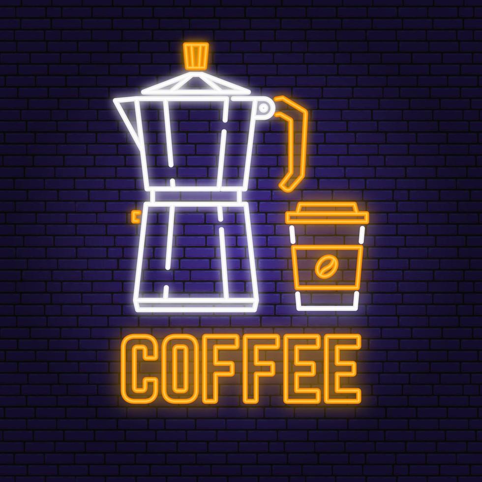 Neon coffee retro sign on brick wall background. Design for cafe, restaurant. Vector. Neon design for pub or fast food business. Light sign banner. Glass tube. vector