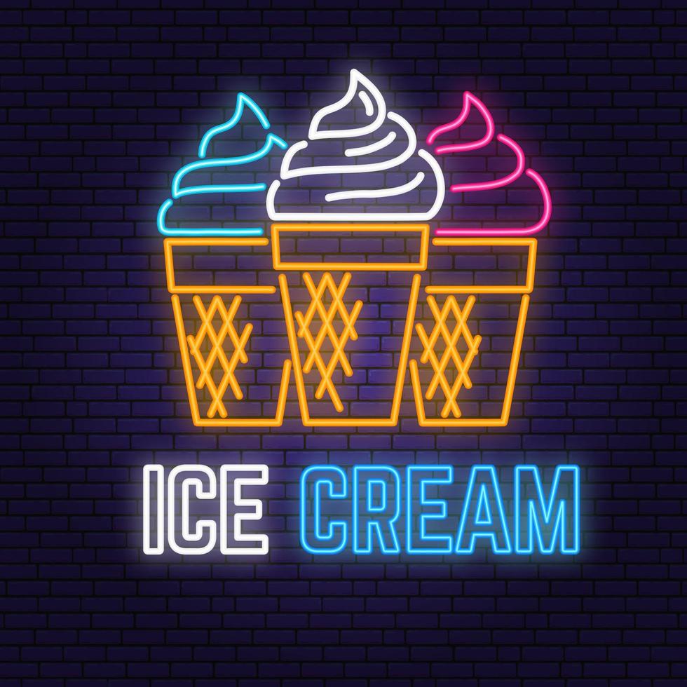 Neon ice cream retro sign on brick wall background. Design for cafe, restaurant. Vector. Neon design for pub or fast food business. Light sign banner. Glass tube. vector