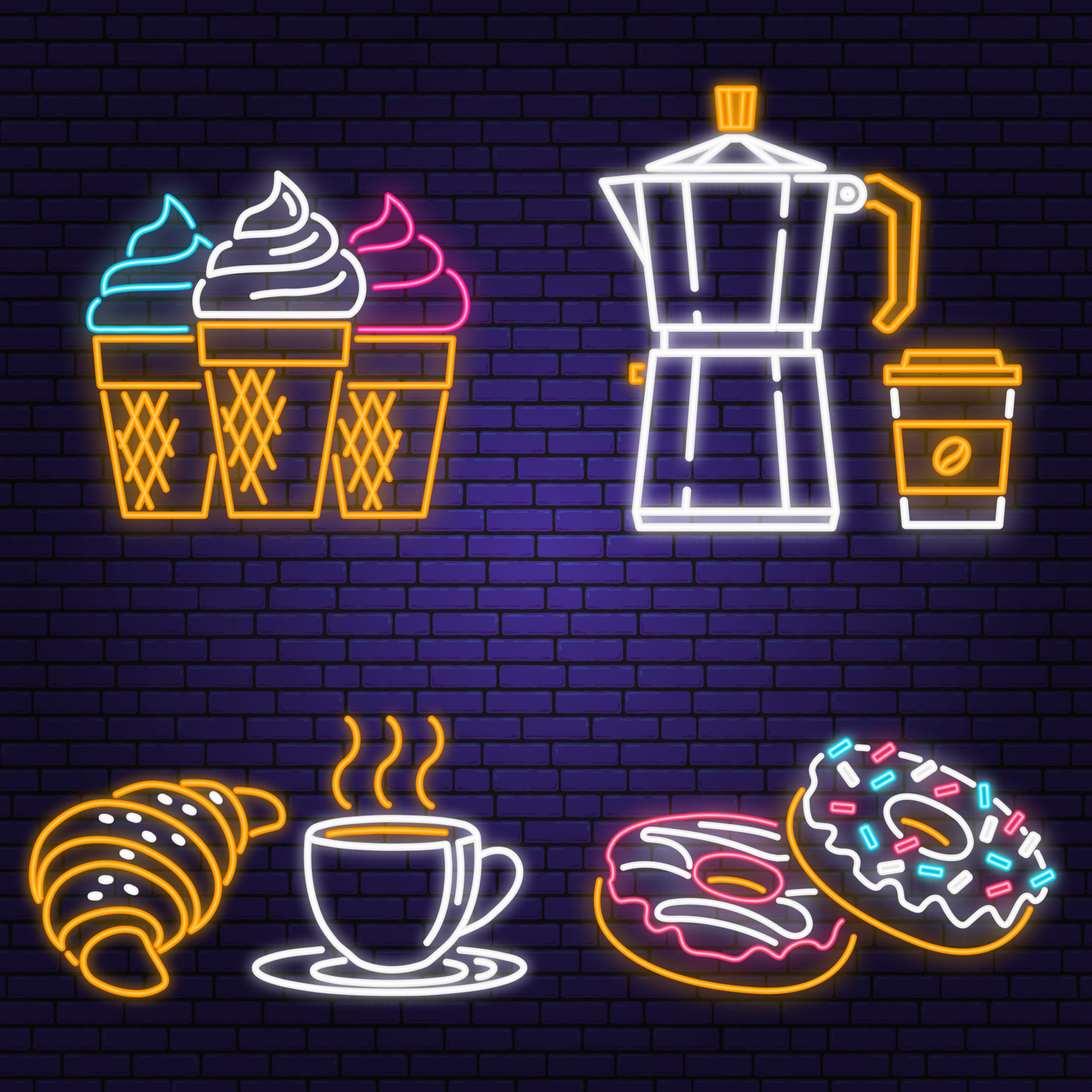Neon ice cream, donuts, coffee and croissant retro sign on brick wall  background. Design for cafe, restaurant. Neon design for pub or fast food  business. Light sign banner. Glass tube. 5632224 Vector