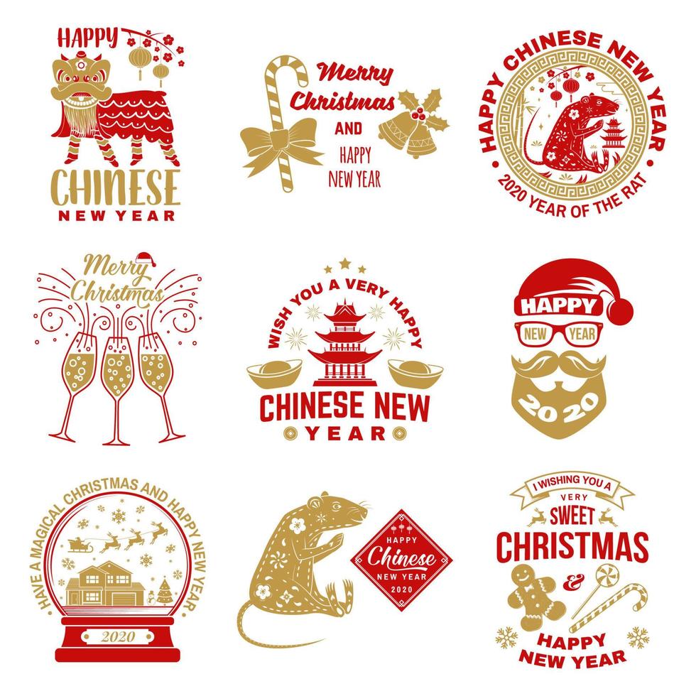 Set of Merry Christmas and happy Chinese New Year design in retro style. Vector. Vintage typography design for chinese new year and xmas emblem. vector