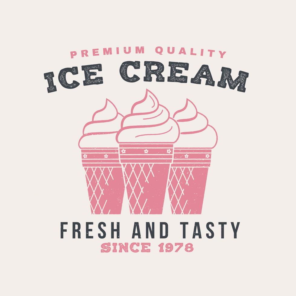 Hot and fresh donuts retro badge design. Vintage design for cafe, restaurant, pub or fast food business. Template with ice cream for restaurant identity objects, packaging and menu vector