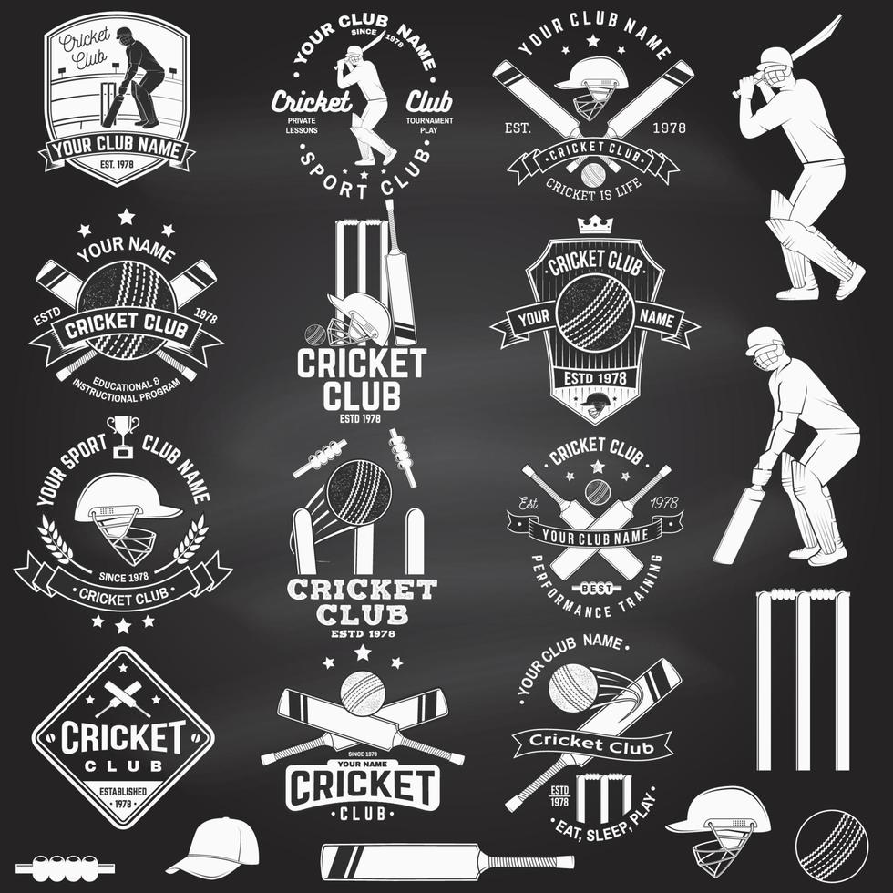 conjunto de insignias del club de cricket en la pizarra. vector. concepto para camisa, estampado, sello o camiseta. plantillas para el club deportivo de cricket. vector