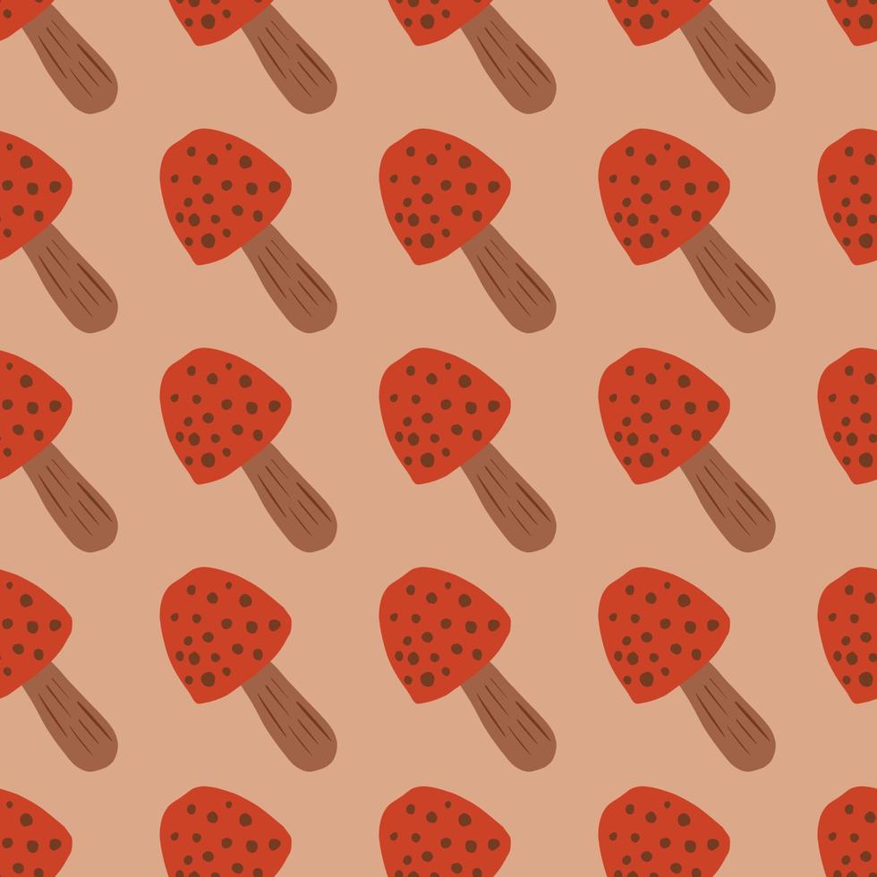 Stylized forest print seamless mushroom pattern. Creative amanitas simple silhouettes in red tone on beige background. vector