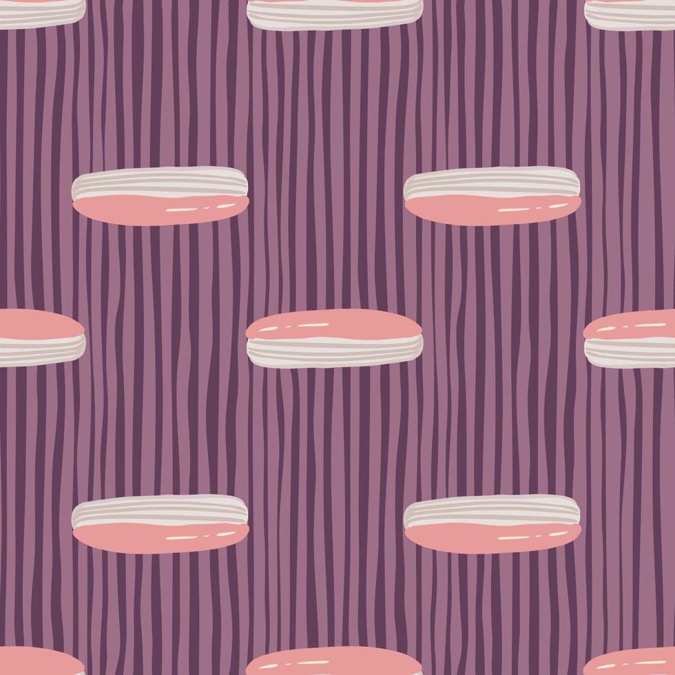 Pastel palette seamless pattern with stylized sweet eclair ornament. Pink and grey colored sugar baking print on purple striped background. vector
