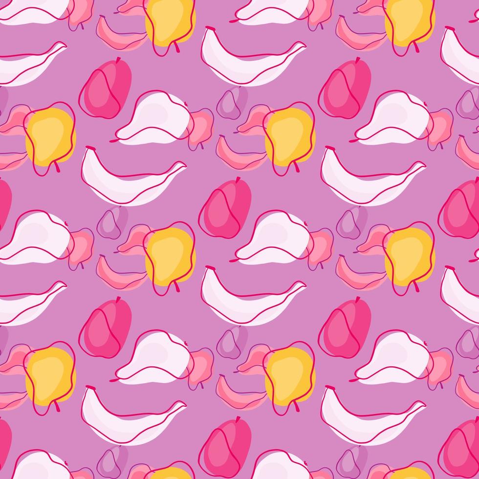 Flat colorful seamless pattern with summer fruits. bananas, apples, plums and pears. Lilac background. Random print. vector