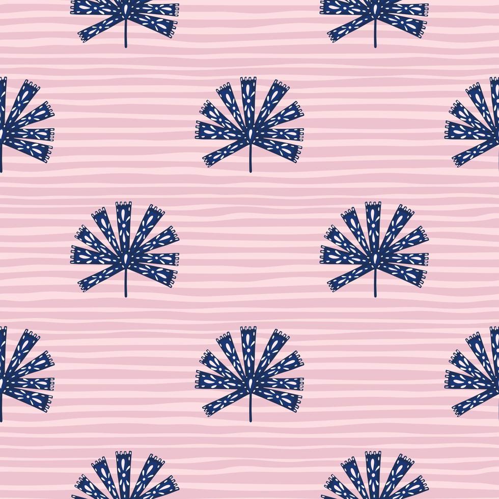 Scrapbook abstract seamless pattern with navy blue folk licuala palm ornament. Pink striped background. vector