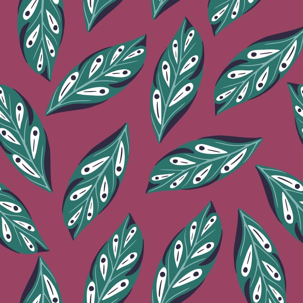 Random geometric leaf silhouettes seamless pattern in hand drawn style. Dark pink background. Simple print. vector