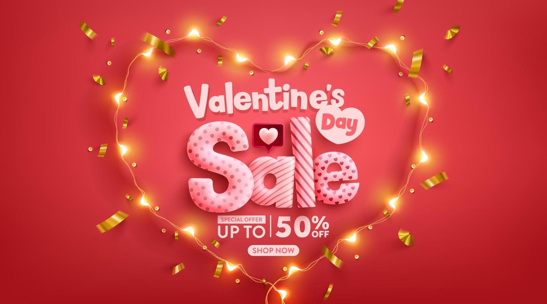 cartel de venta del día de san valentín con símbolo de corazón de luces led sobre fondo rojo. plantilla de promoción y compras para el concepto de amor y día de san valentín. vector