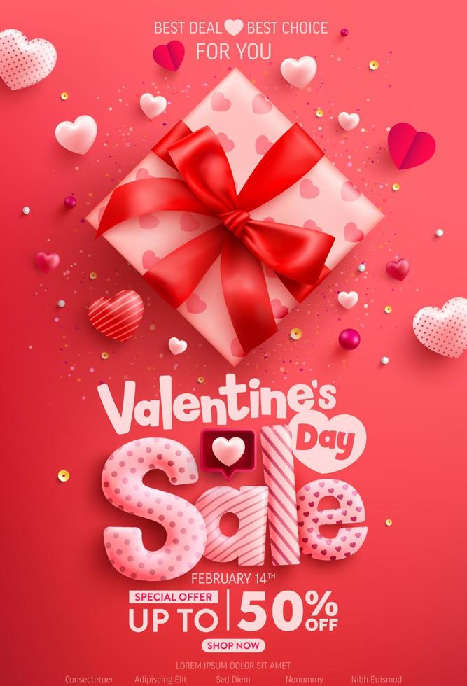 cartel o pancarta de venta del día de san valentín con linda caja de regalo y corazones dulces sobre fondo rojo. promoción y plantilla de compras o fondo para el amor y el concepto del día de san valentín. vector