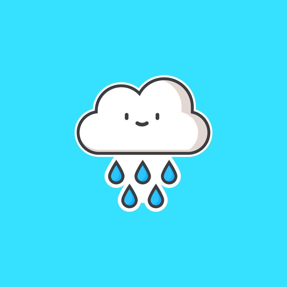 linda ilustración de nubes lloviendo pegatina aislada fondo azul vector