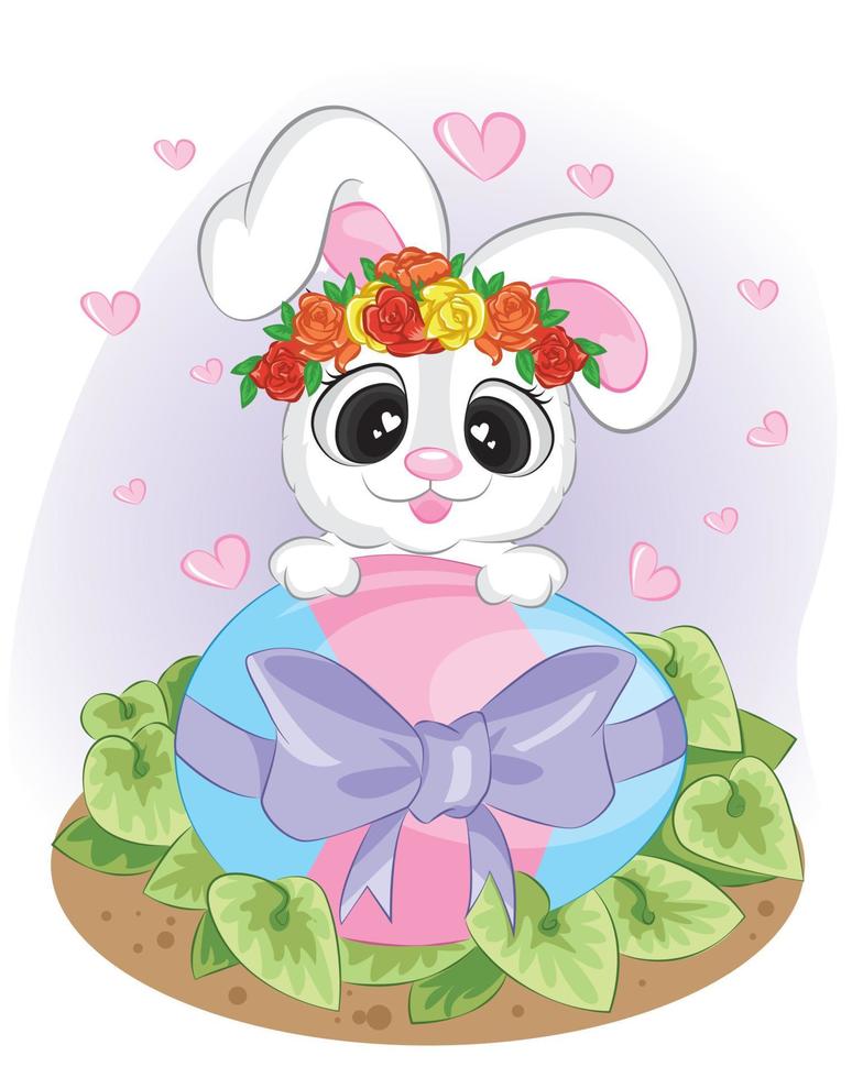 Easter bunny rabbit with blue and pink painted egg. Easter holiday concept vector