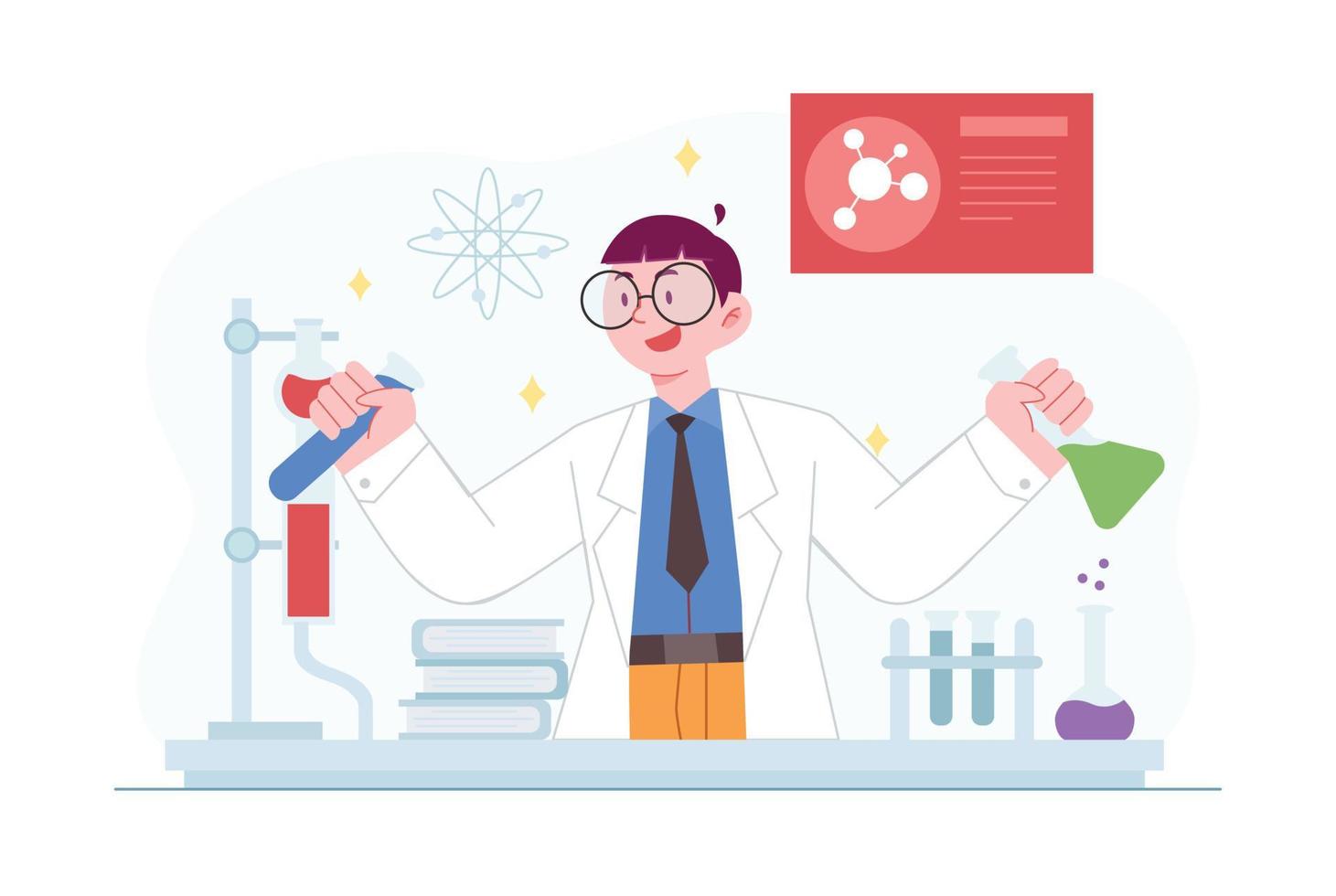 Science concept vector Illustration idea for landing page template, scientist in laboratory experiment research, biology, chemistry, physics knowledge scientific innovation. Hand drawn Flat Style