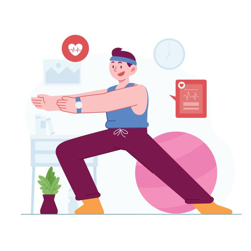 Workout concept vector Illustration idea for landing page template, Male exercise to streching workout for body wellness. Healthy Sport activities for good shape. Hand drawn Flat Style