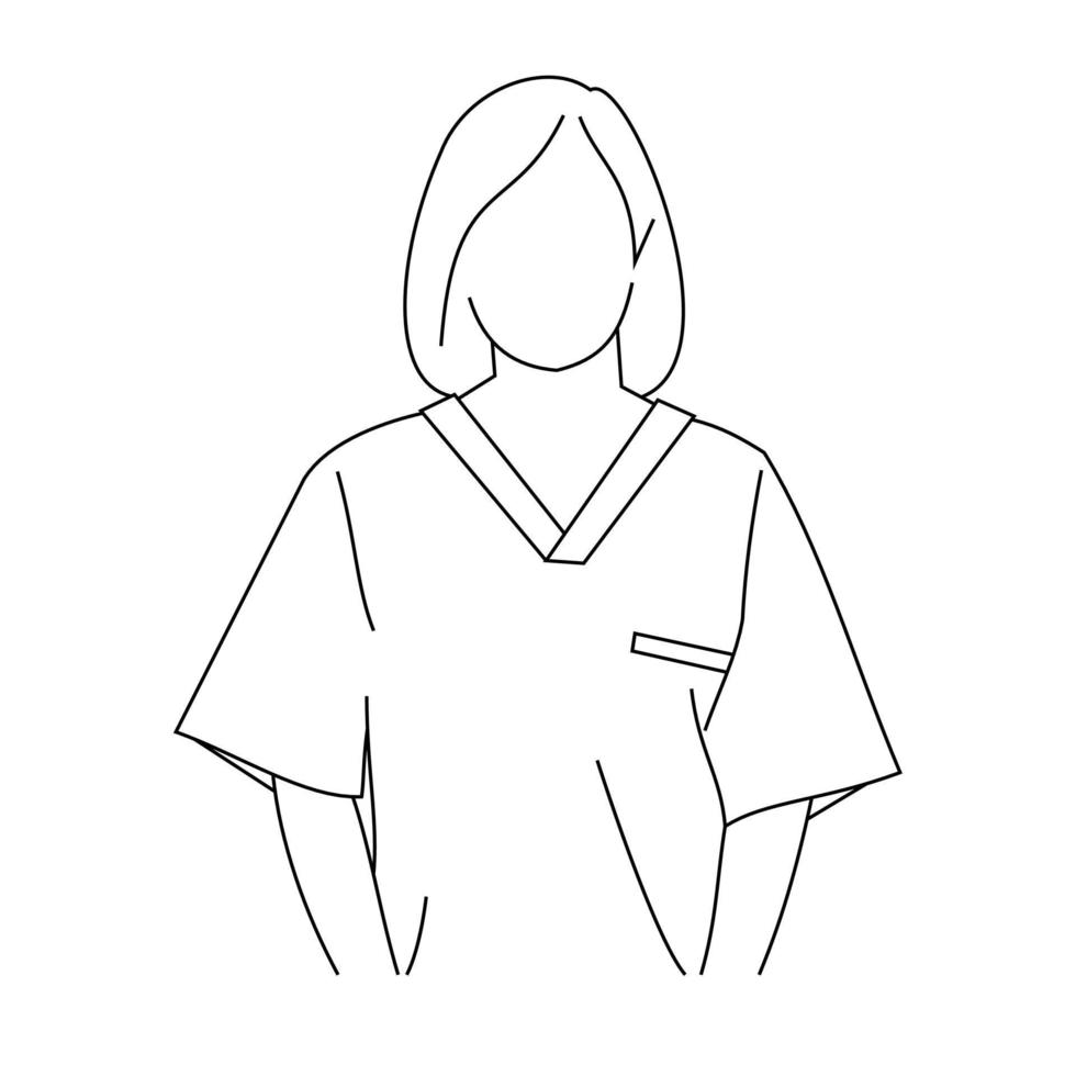 dibujo de líneas ilustrativas de una joven enfermera profesional que usa exfoliantes uniformes y un fonendoscopio o estetoscopio. un retrato de un médico mirando la cámara aislada de fondo blanco vector