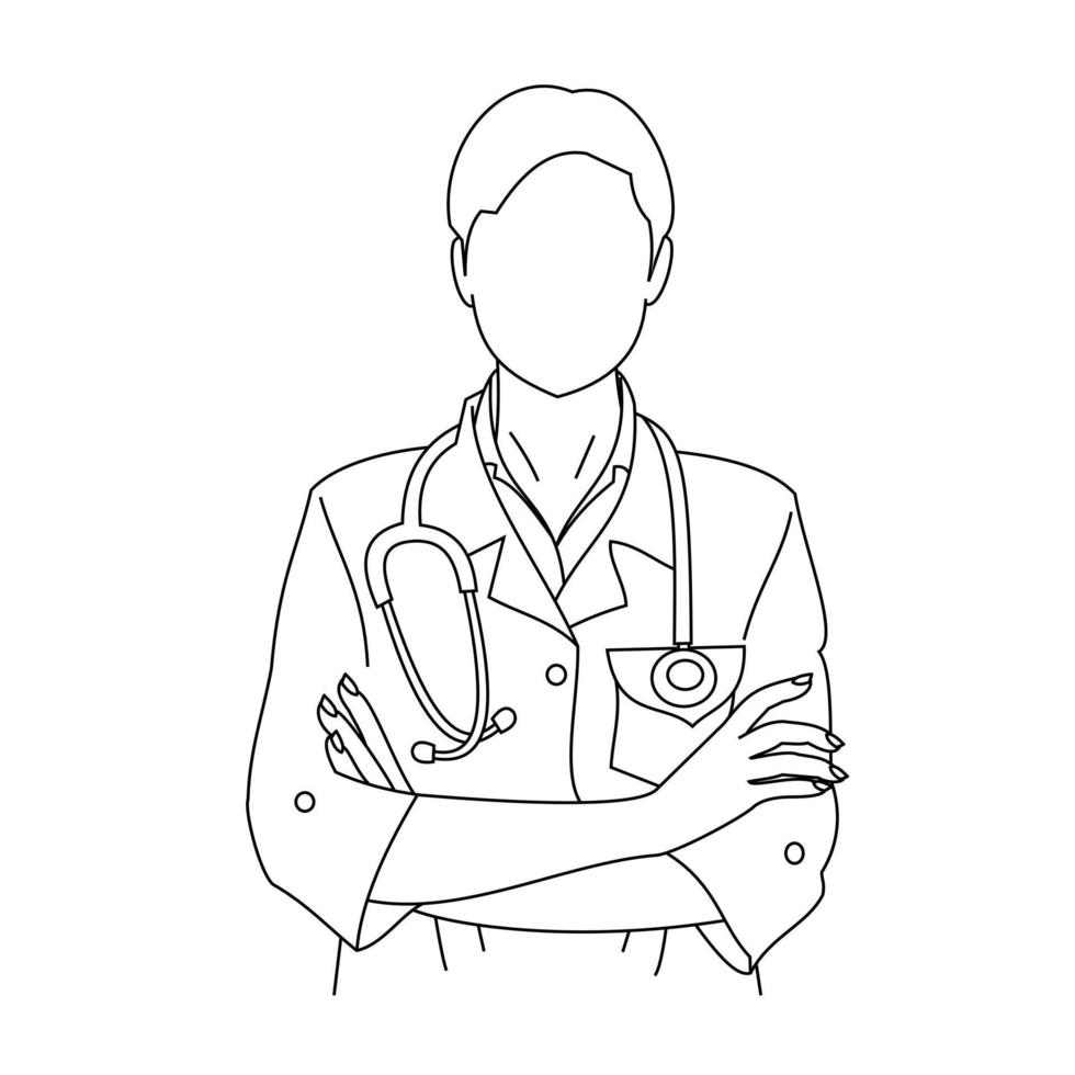 Illustration line drawing of a young medical nurse professional wearing uniform scrubs and a phonendoscope or stethoscope. A portrait of a doctor looking at the camera isolated on white background vector