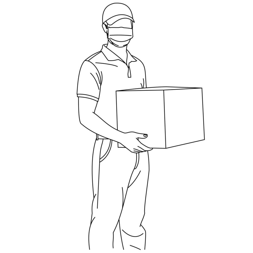 Delivery couriers man wearing medical face masks to protect from diseases, air pollution, or mers-cov. Service under quarantine pandemic covid-19. Male courier holding a cardboard boxes and clipboard vector