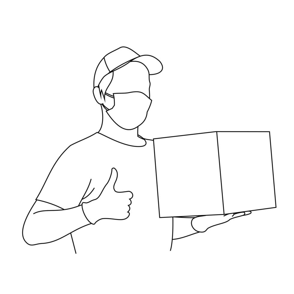Illustration line drawings a male courier in t-shirts holding a cardboard while standing. Delivery couriers bring cardboard boxes on shoulders or arm. Carrying packages while gesturing thumb up sign vector