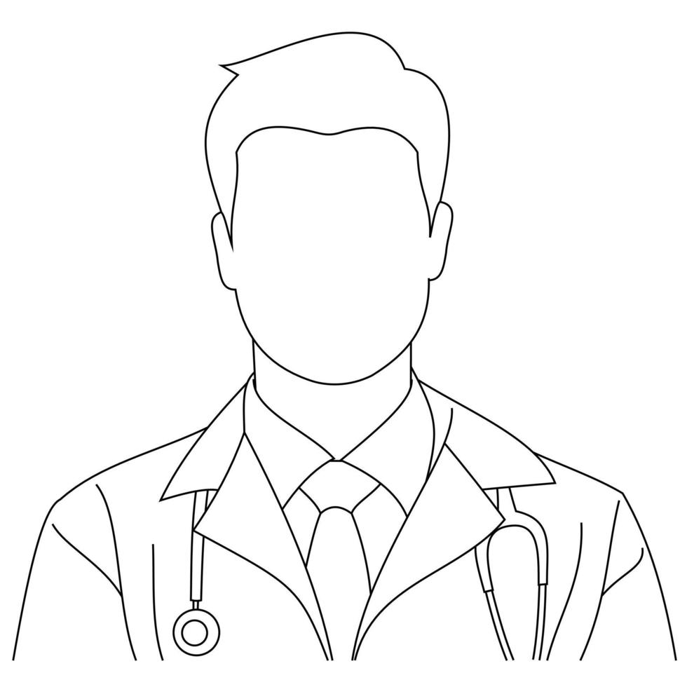 Illustration line drawing of a young medical doctor professional wearing uniform scrubs and a phonendoscope or stethoscope. A portrait of a doctor looking at the camera isolated on white background vector