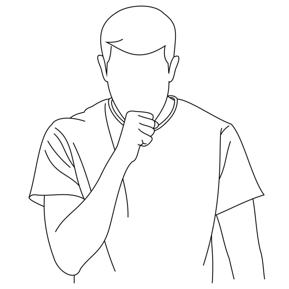 Illustration line drawing of a young man feeling unwell and coughing as symptom for cold, shortness of breath, pain throat or bronchitis. A male coughing into his fist isolated on a white vector