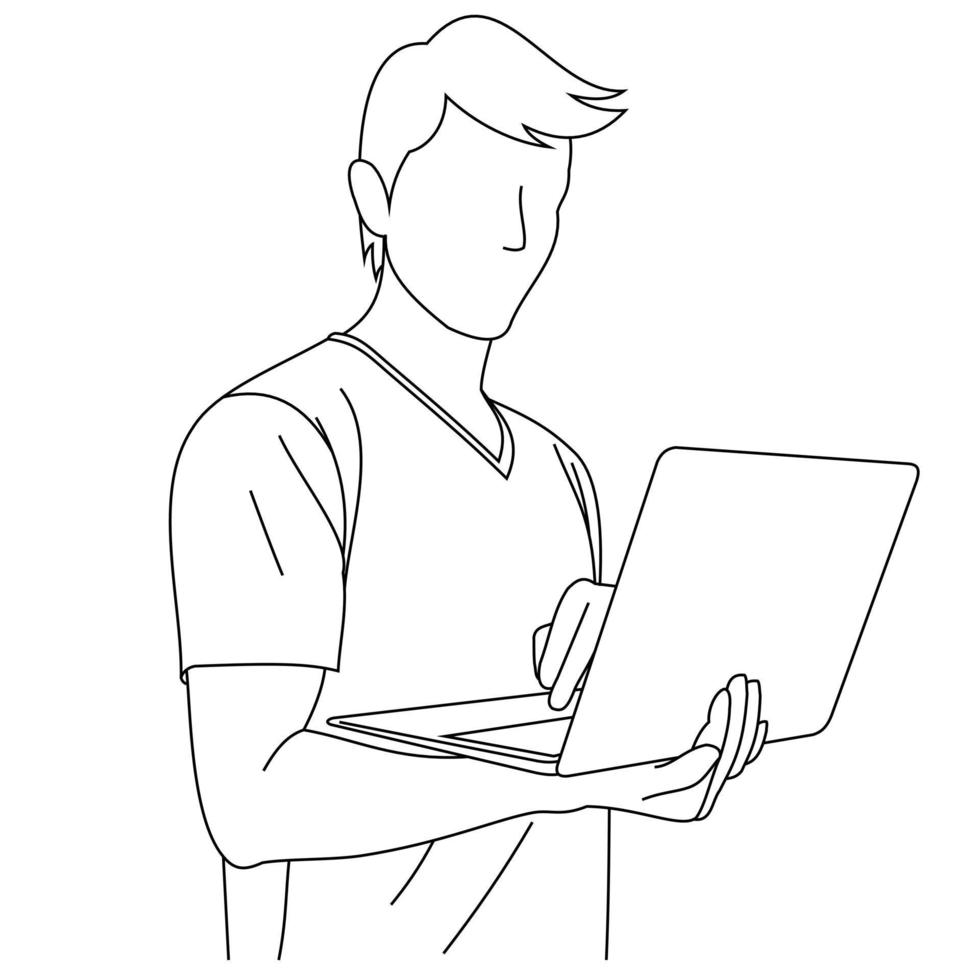 A programmer in casual t-shirt holding a laptop in his hands who is searching for solution of the problem. A entrepreneur man checking and typing online email on laptop or chatting in social network vector