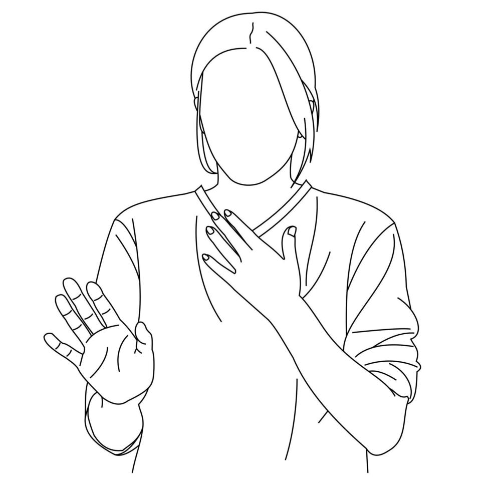 Illustration line drawing of a young woman feeling unwell and coughing as symptom for cold, shortness of breath, pain throat or bronchitis. A female coughing into his fist isolated on a white vector