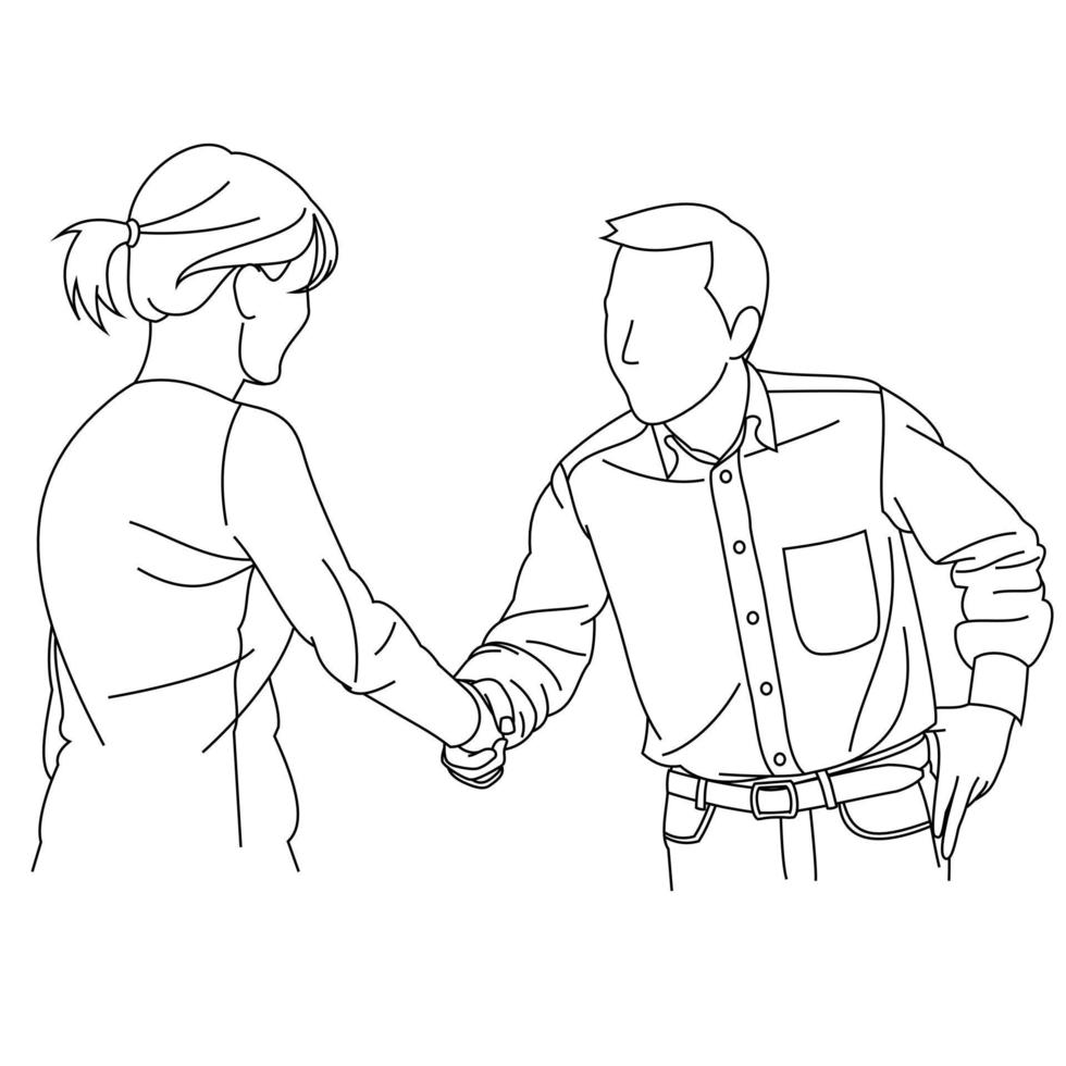 Illustration line drawing a businessman extending his arm for a handshake. Businessman smiling and offering his hand to shake hands in his office. Businessman giving his hand for handshake to partner vector