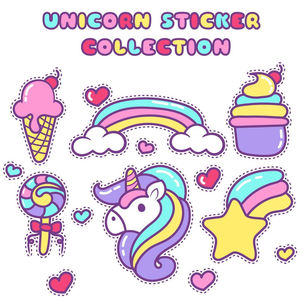 linda colección de pegatinas de unicornio estilo de dibujo a mano 5632832  Vector en Vecteezy