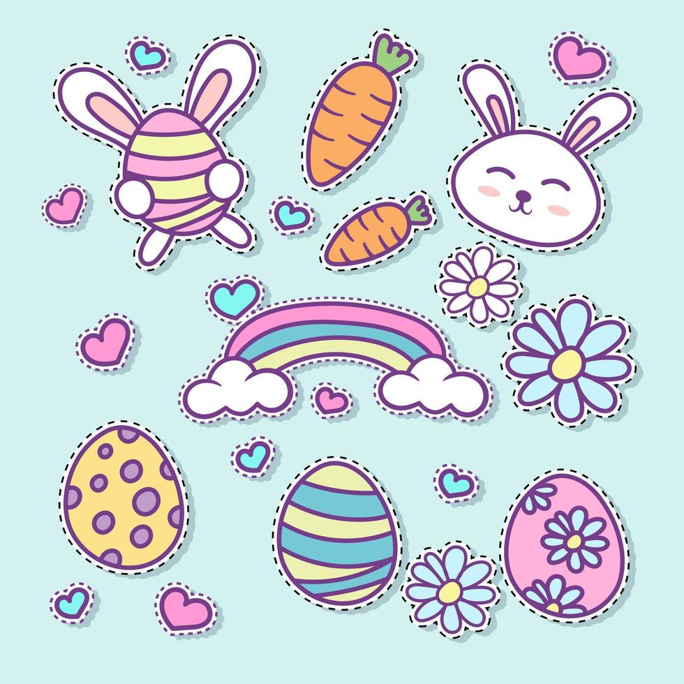 easter bunny egg flower and rainbow sticker collection vector