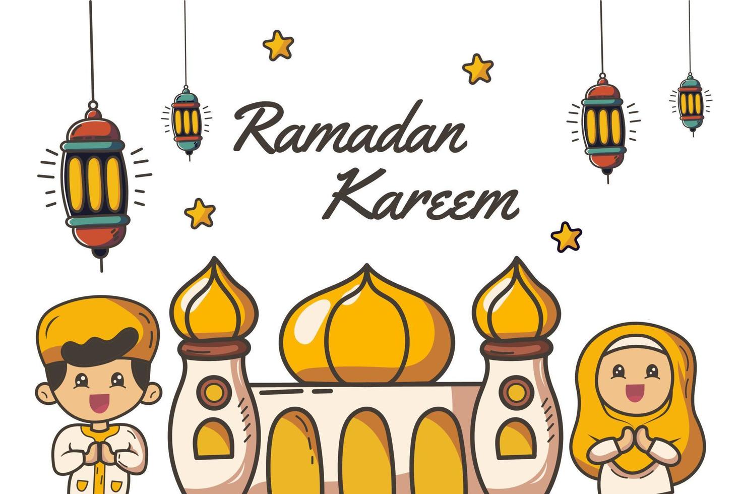 ramadan kareem con mezquita dibujada a mano con linternas, estrellas y niños musulmanes vector