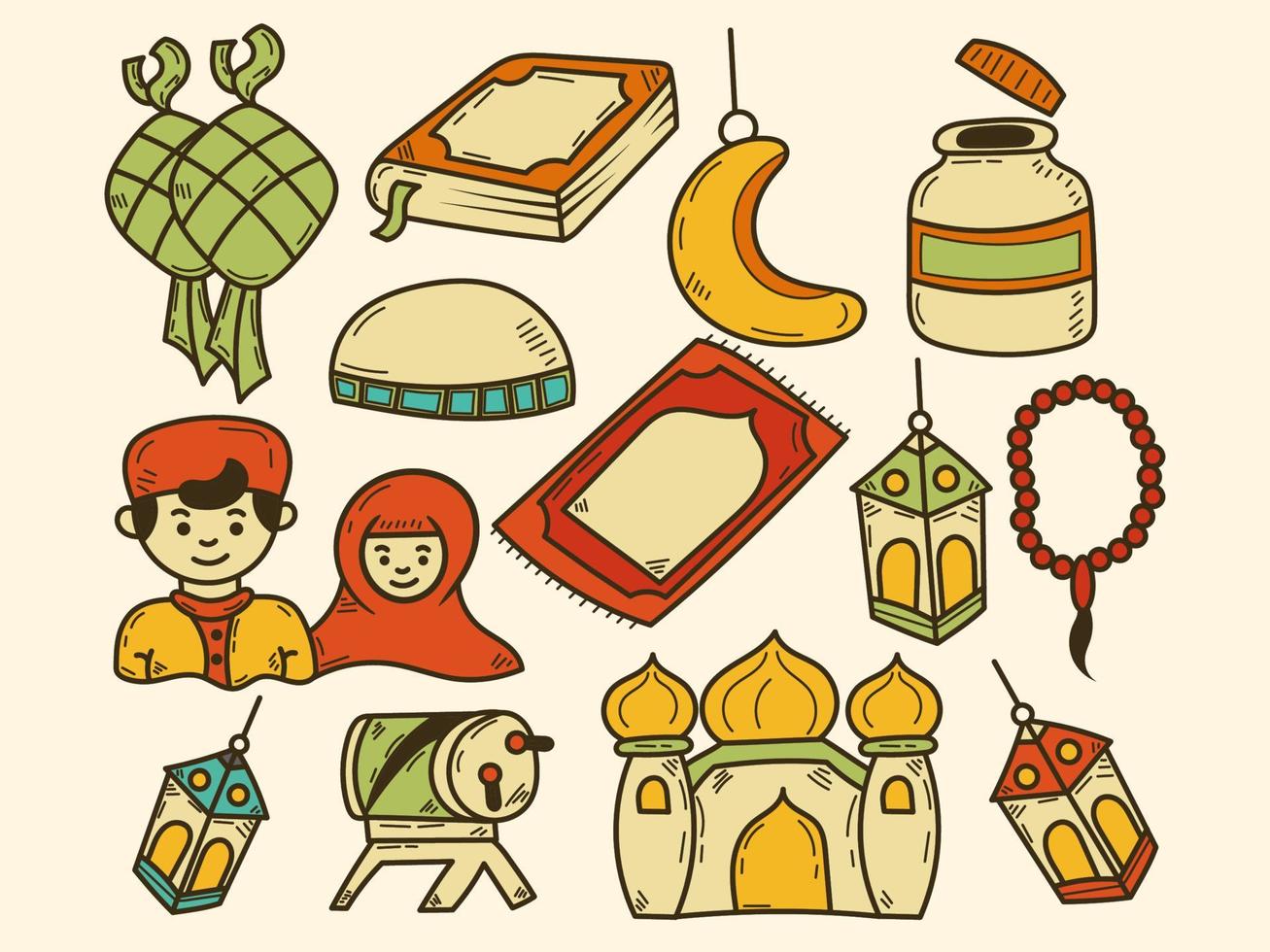 ramadan themed cute doodle collection vector