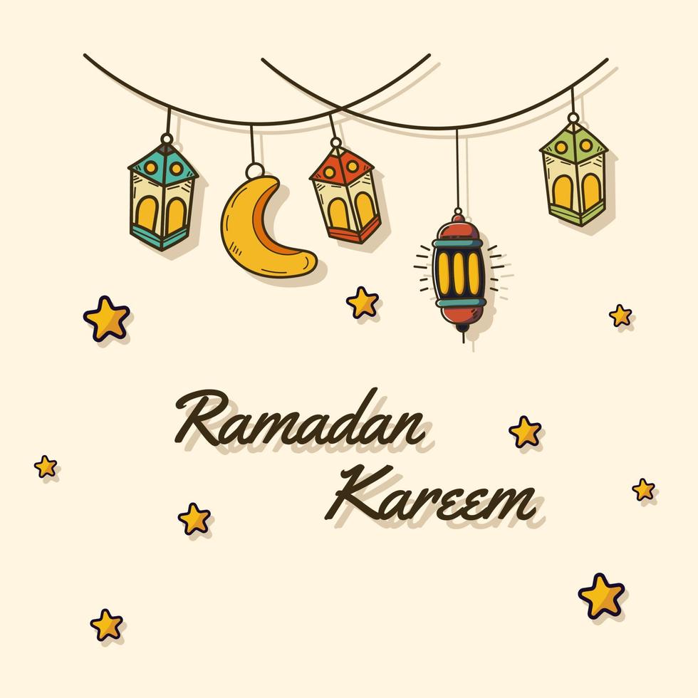 ramadan kareem with lanterns, Moon, and stars vector