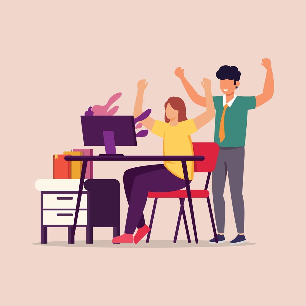 Happy excited successful a team worker triumphing in office. Vector colorful illustration.