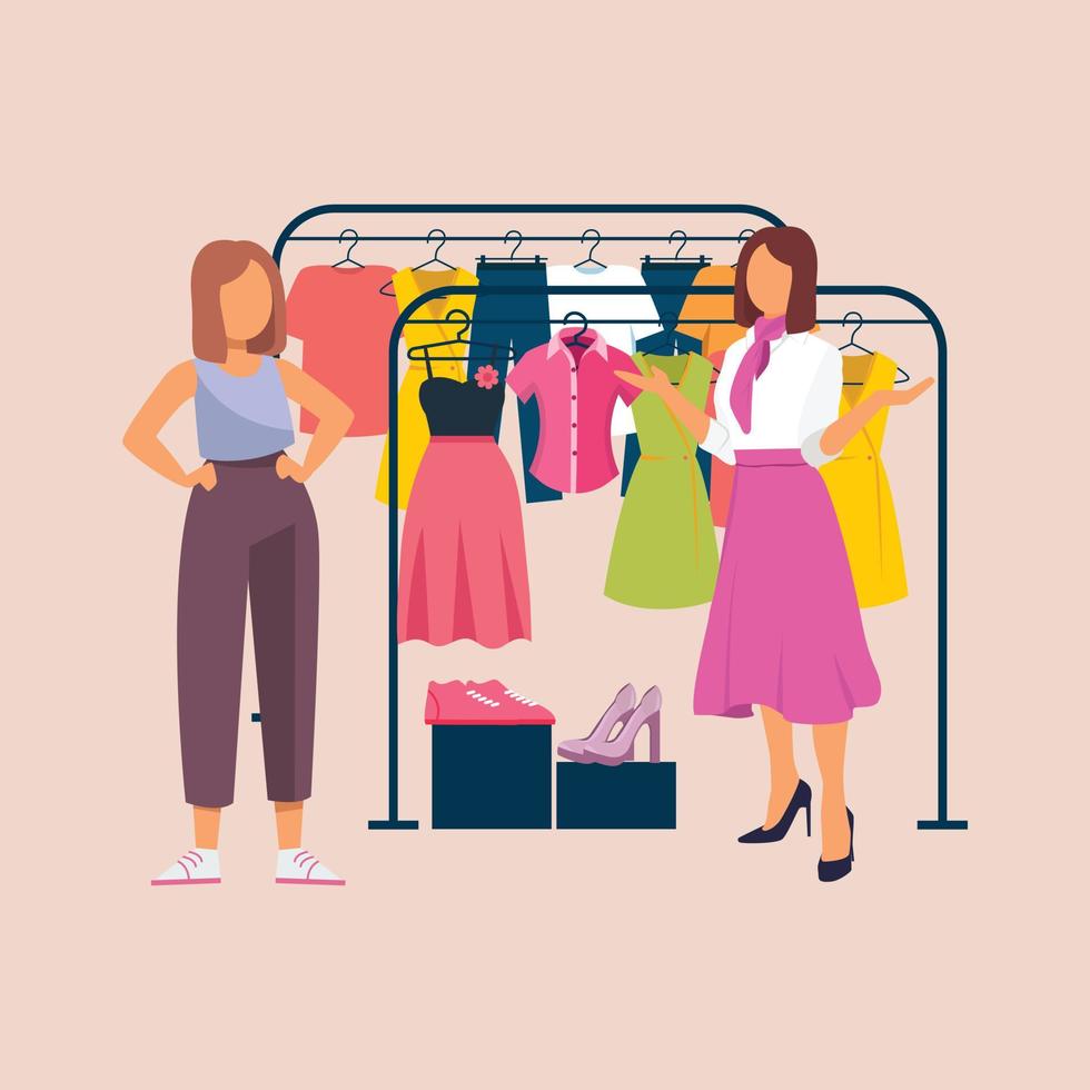 niña eligiendo ropa de moda con la ayuda de un dependiente en una tienda de ropa. ilustración vectorial 5632869 en Vecteezy