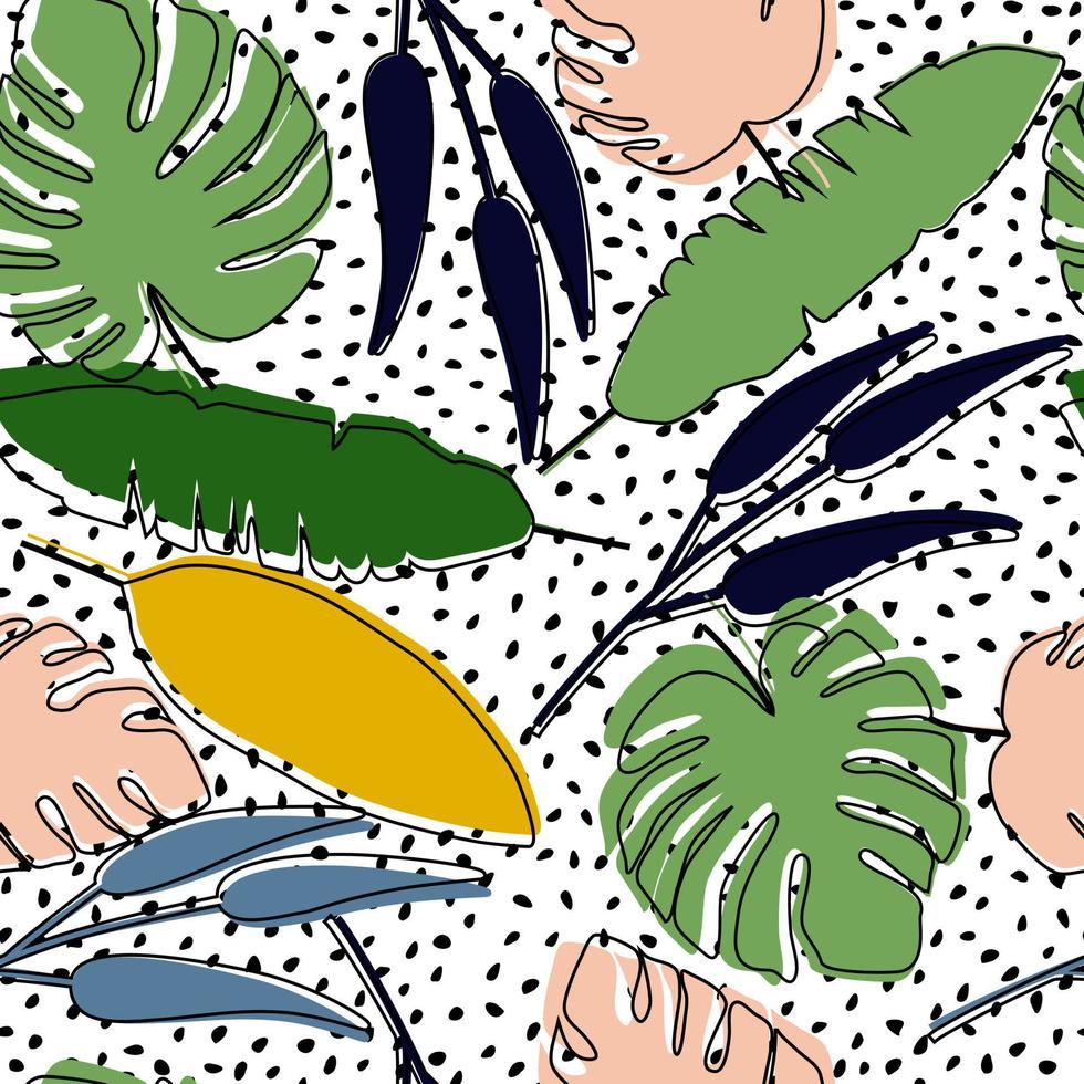 patrón tropical abstracto con hojas de palma exóticas sobre fondo de puntos. vector
