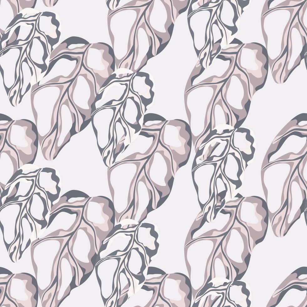 Seamless random pattern with marble pastel colored monstera leafs. Light grey background. Creative floral artwork. vector