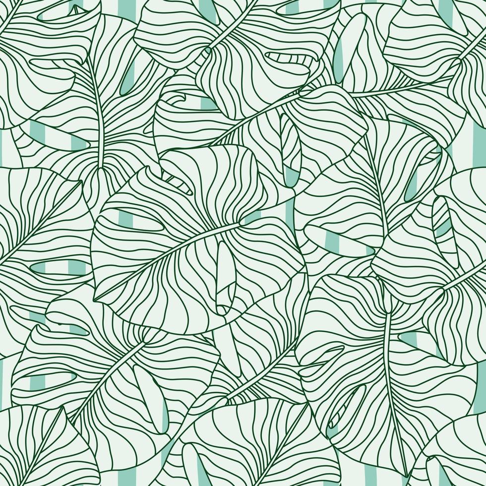 Seamless random pattern with abstract flat monstera leaves. Green contoured ornament on striped background. vector