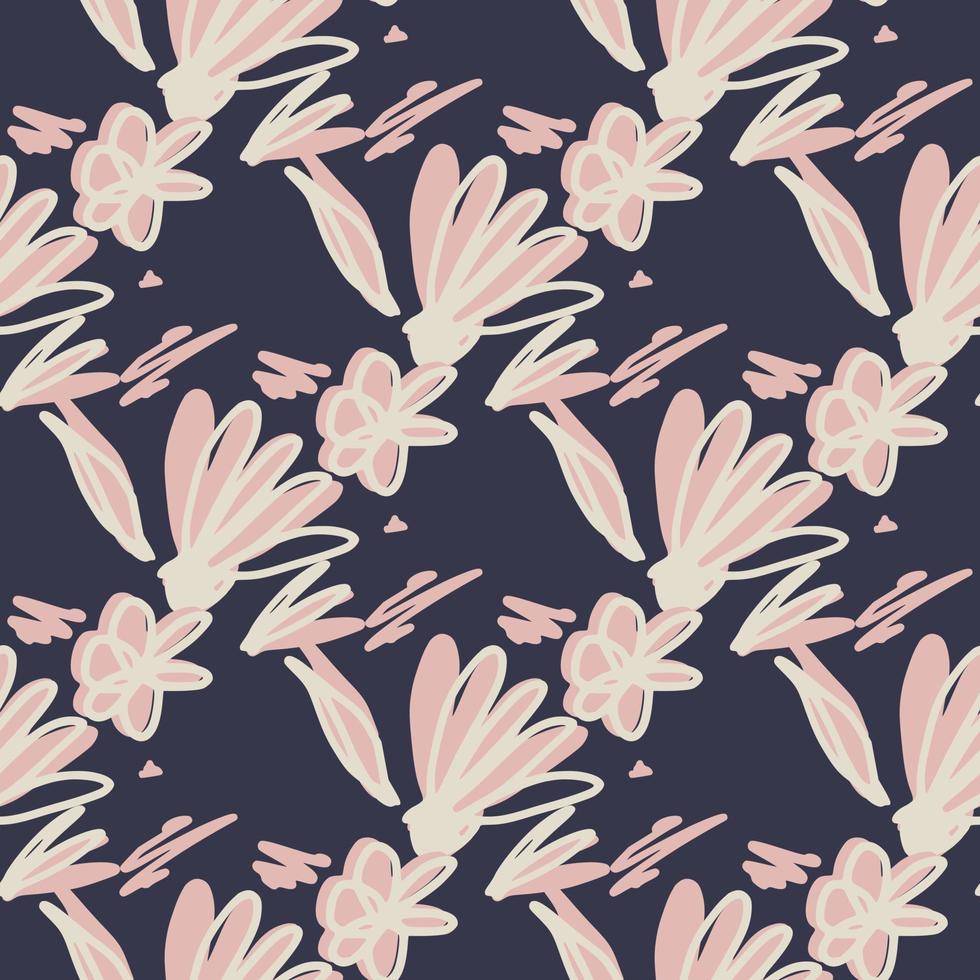 Abstract brush ink floral endless wallpaper. Scribble flower seamless pattern on black background. vector