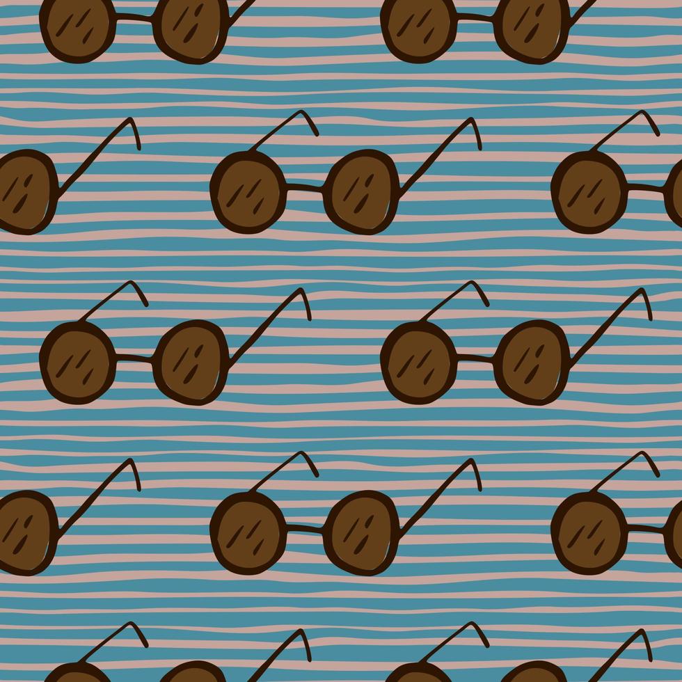 Brown sunglasses print seamless doodle pattern. Fashion accessory print on blue striped background. vector