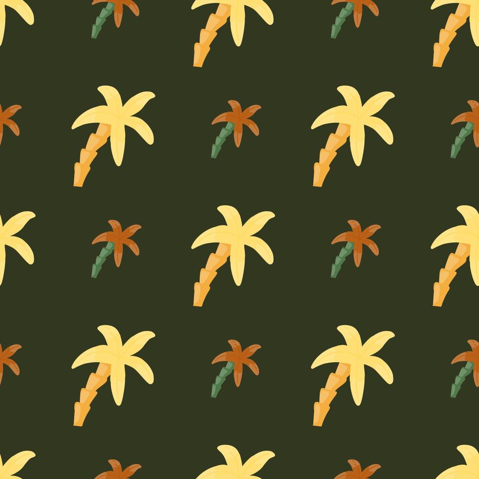 Orange and yellow colored palm tree elements seamless pattern. Brown background. Nature artwork. vector