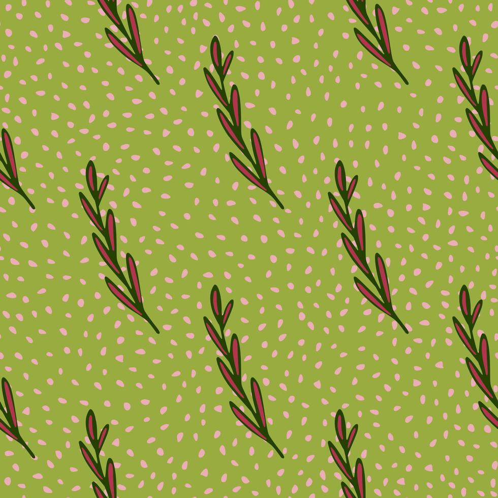 Nature seamless pattern with outline pink herbal twigs ornament. Green dotted backround. Simple style. vector