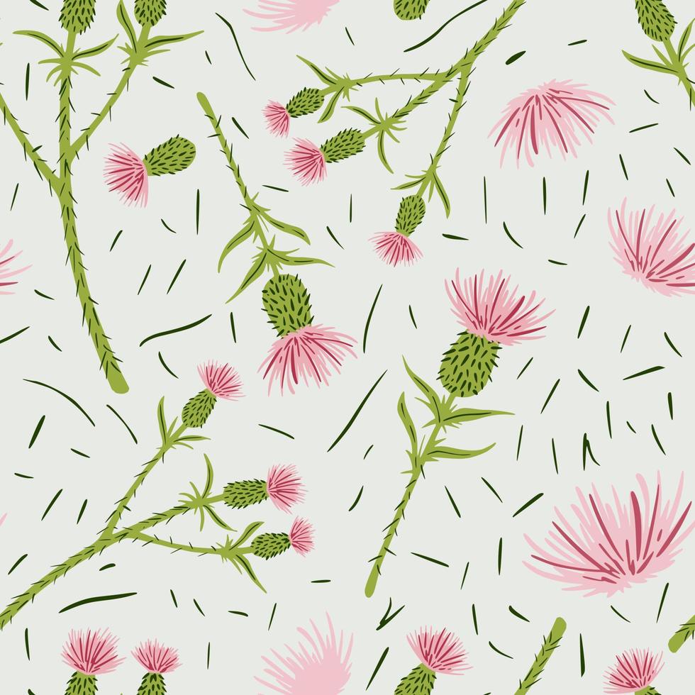 Seamless pattern thistle on light green background. Summer botanical template. Spring floral. vector