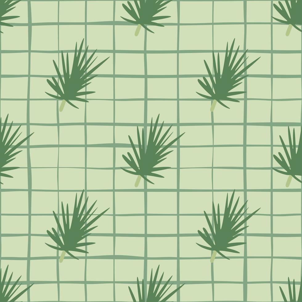 Hand drawn seamless pattern with pine branches ornament. Light pastel background with check. Simple new year botanic backdrop. vector