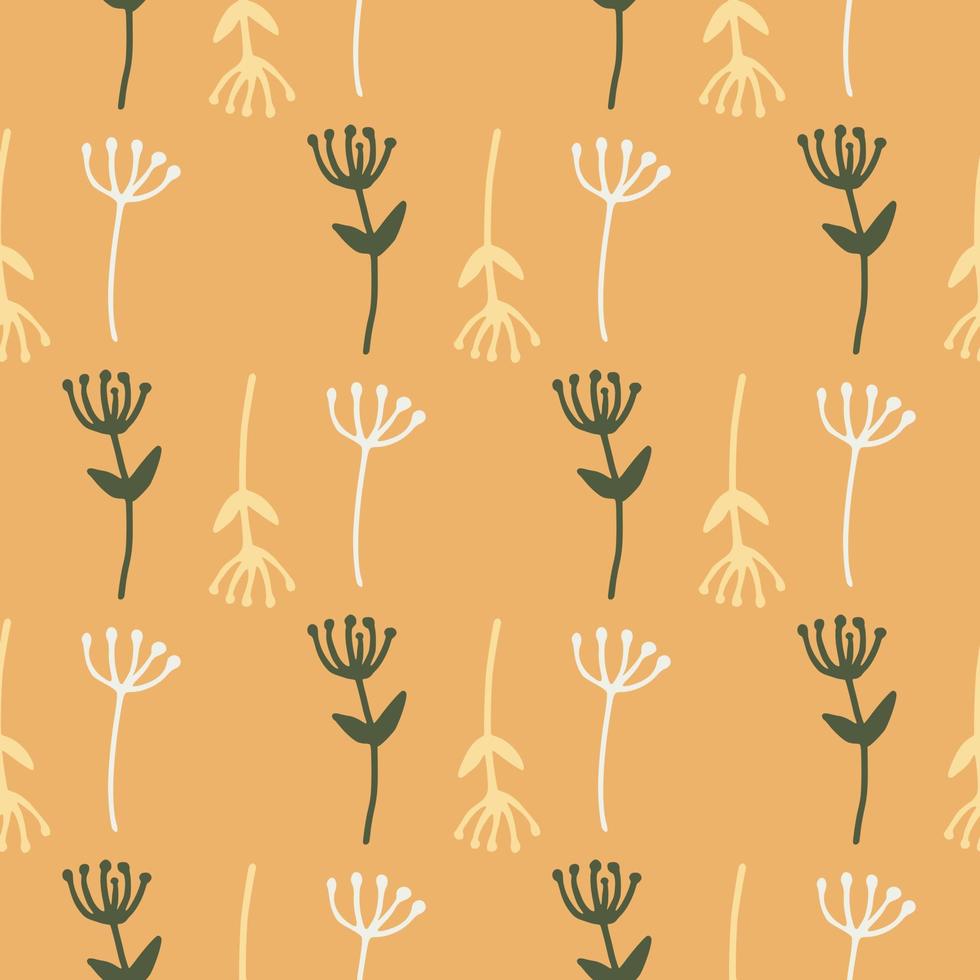 Simple summer abstract floral seamless pattern with dandelions. Orange background and green, white and yellow ornament. Stylized artwork. vector