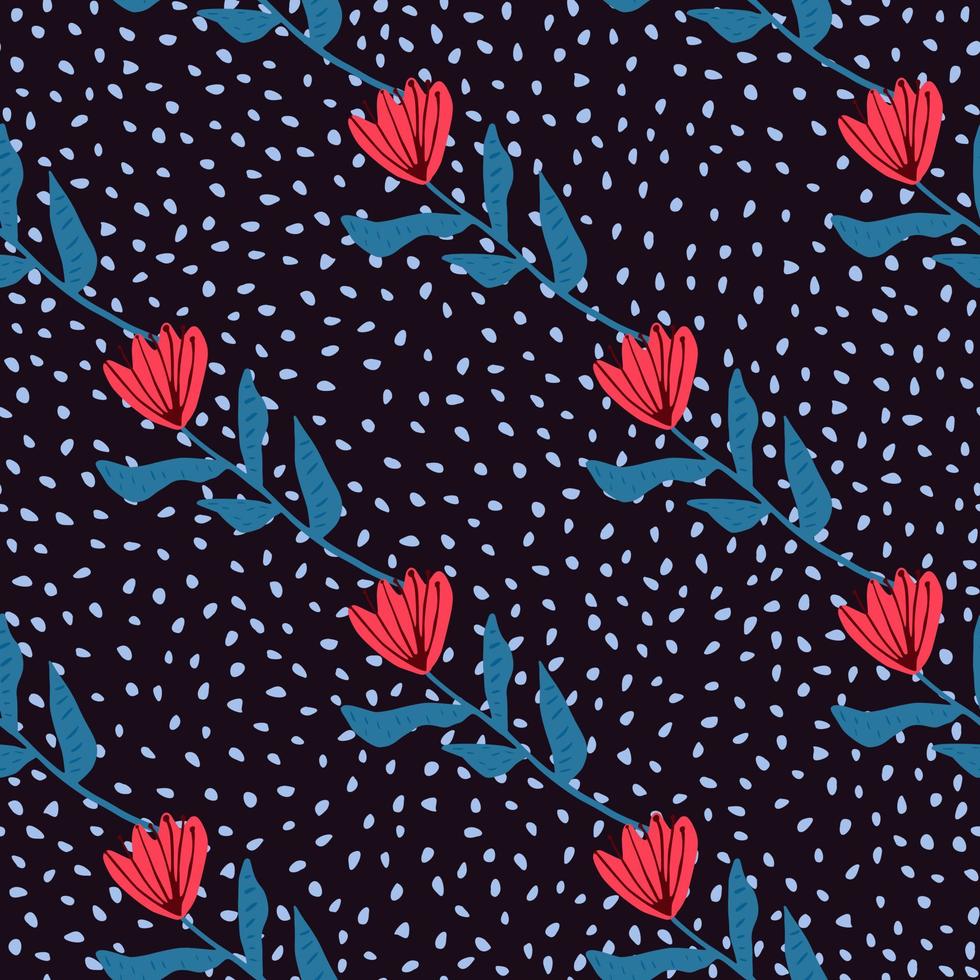 contraste de patrones sin fisuras florales con siluetas de tulipán. capullo de flor en color rojo, tallos azules y fondo negro con puntos. vector