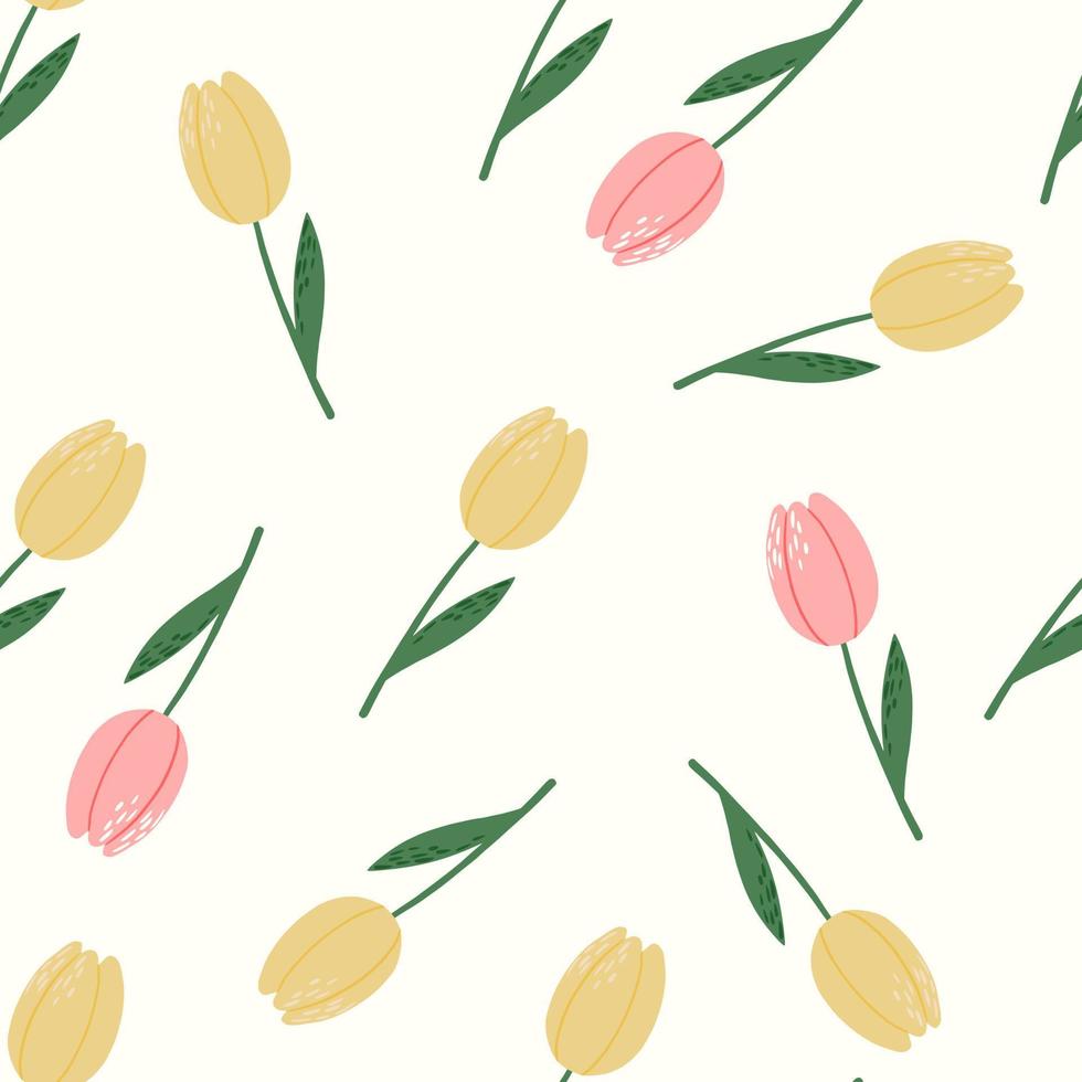 Isolated seamless tulip silhouettes pattern. Orange and pink colored flowers. Random located print with white background. vector
