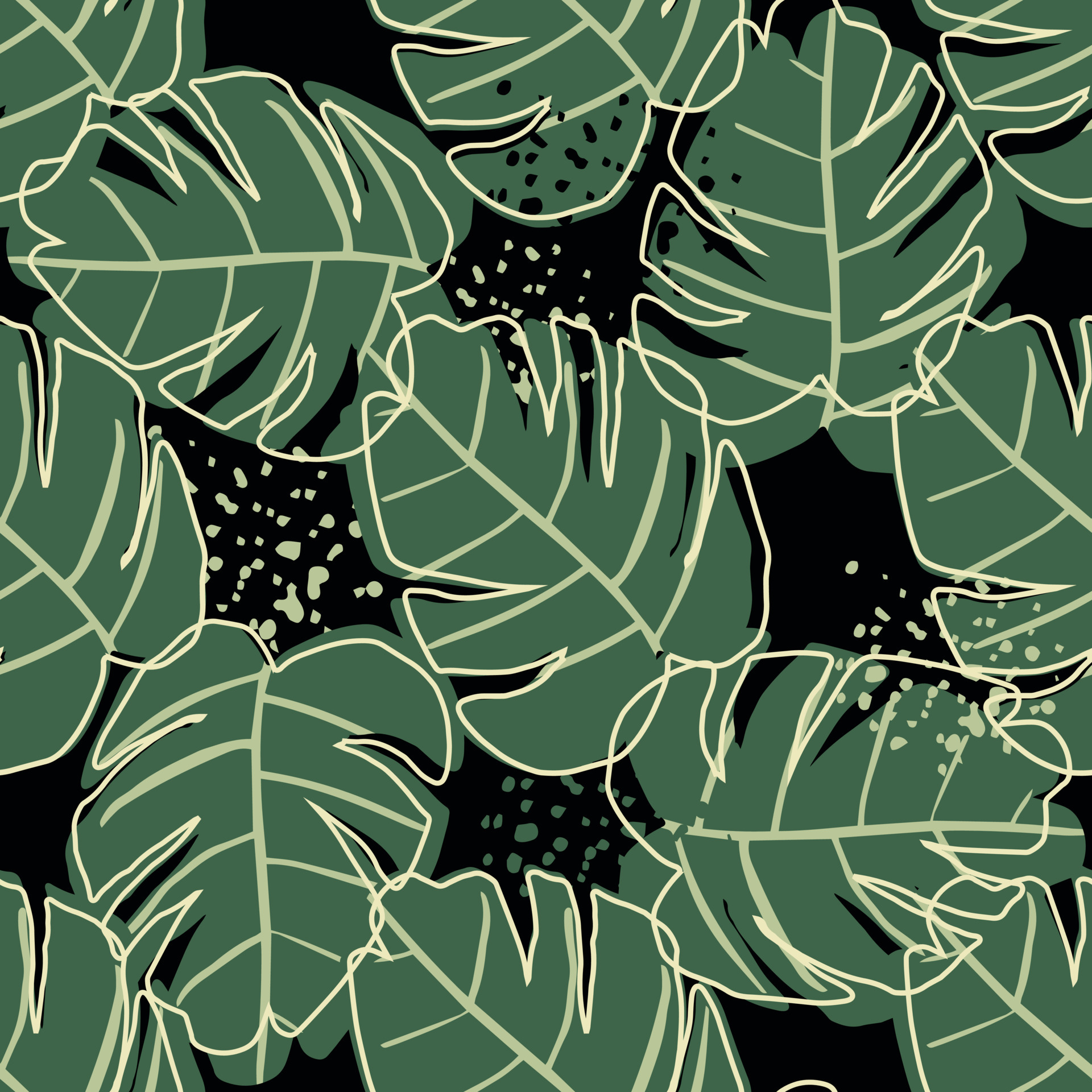 Seamless pattern with monstera leaves on black background. Philodendron ...