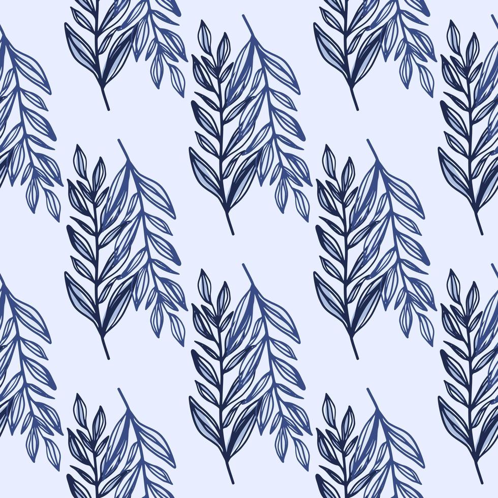 Winter seamless lead branches outline pattern. Navy blue contoured ornament on light pastel background. vector