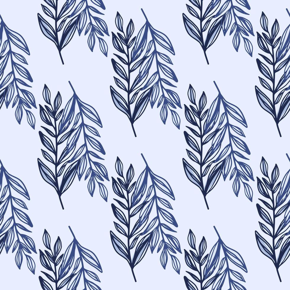 Winter seamless lead branches outline pattern. Navy blue contoured ornament on light pastel background. vector